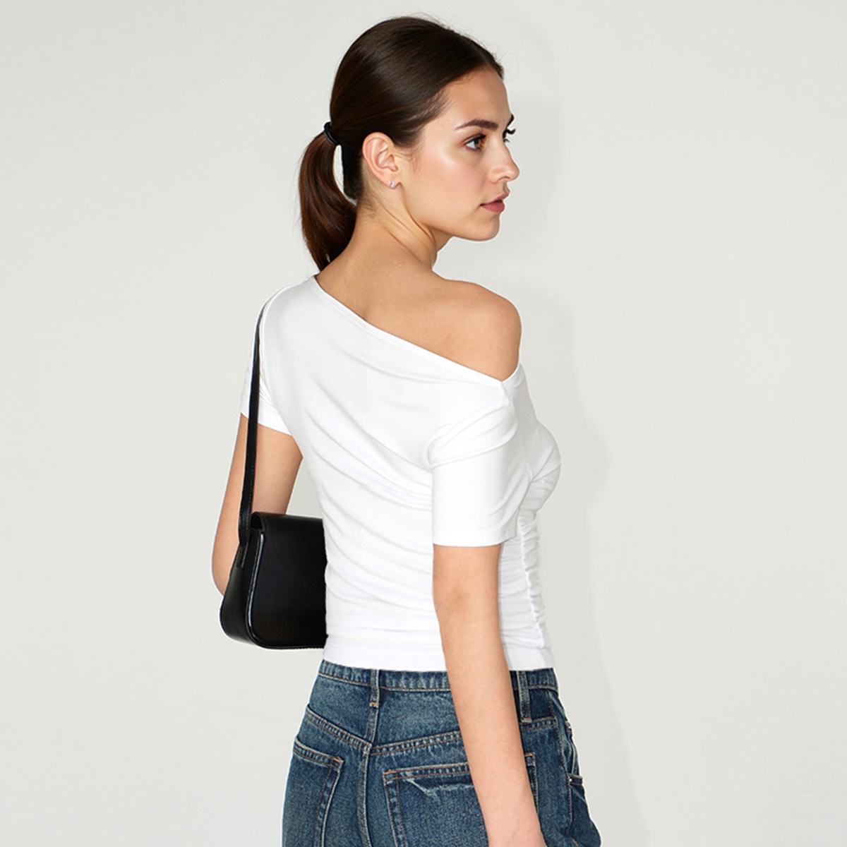 Casual Solid Color Scoop Neck Shirred Short Sleeve Top