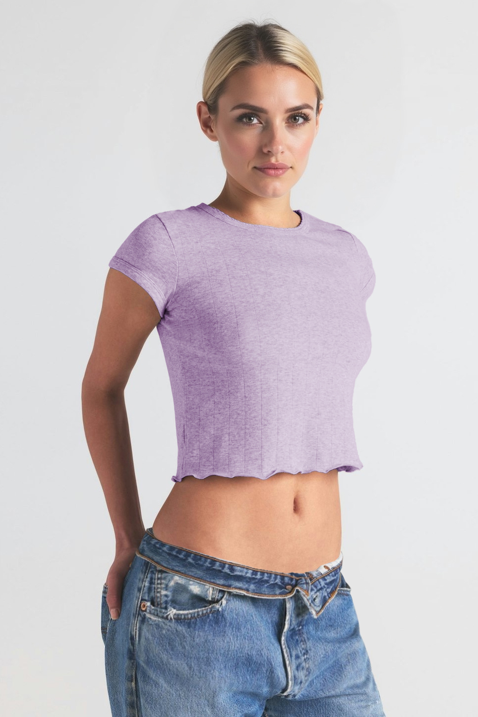 Casual Solid Color Round Neck Short Sleeve Crop Top