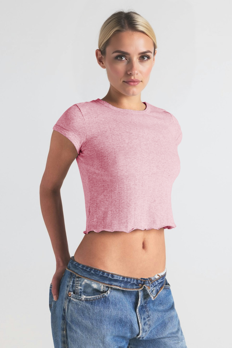 Casual Solid Color Round Neck Short Sleeve Crop Top