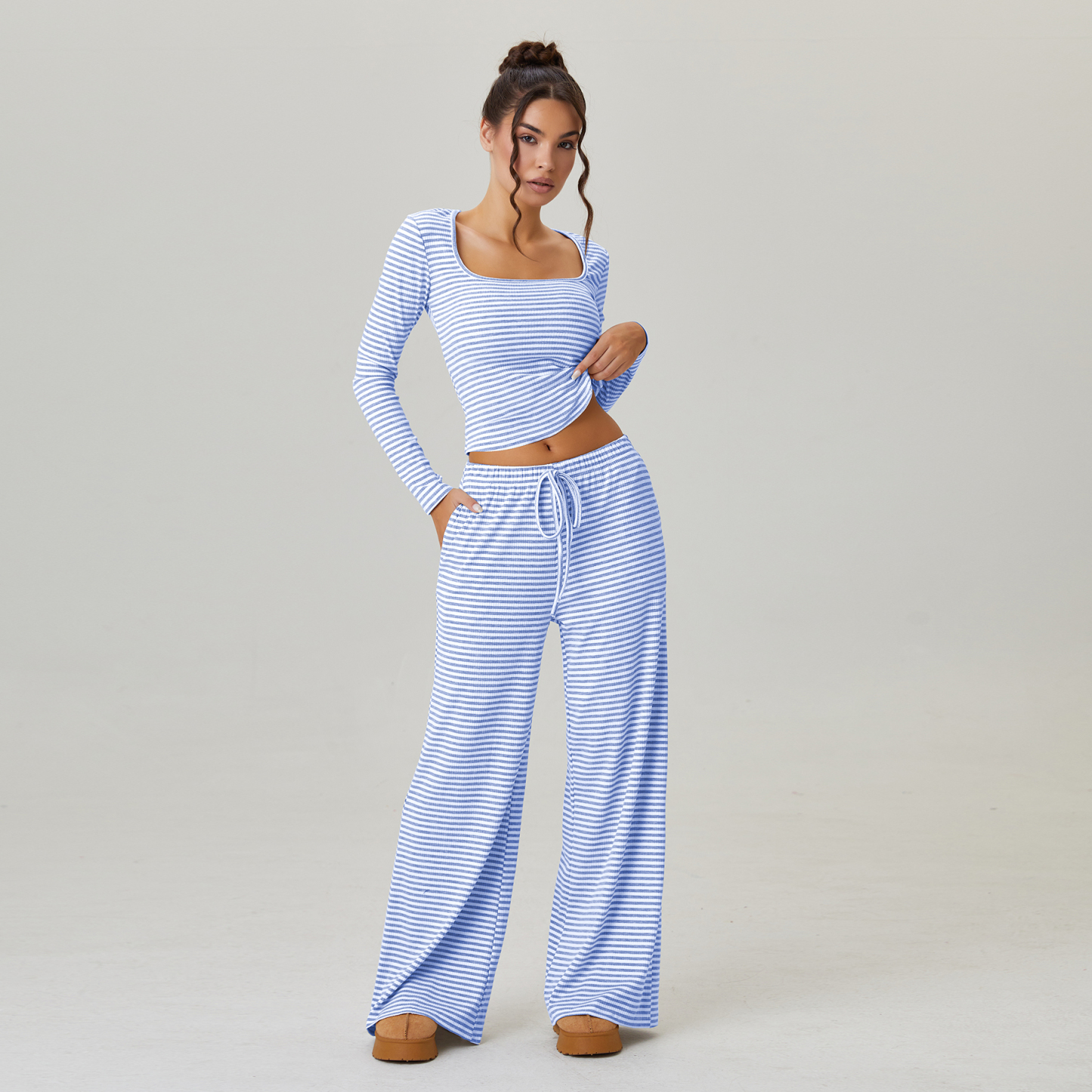 KatchMe Slouchy Stripe Long Sleeve Crop Top & Low-Rise Trousers Co-ord
