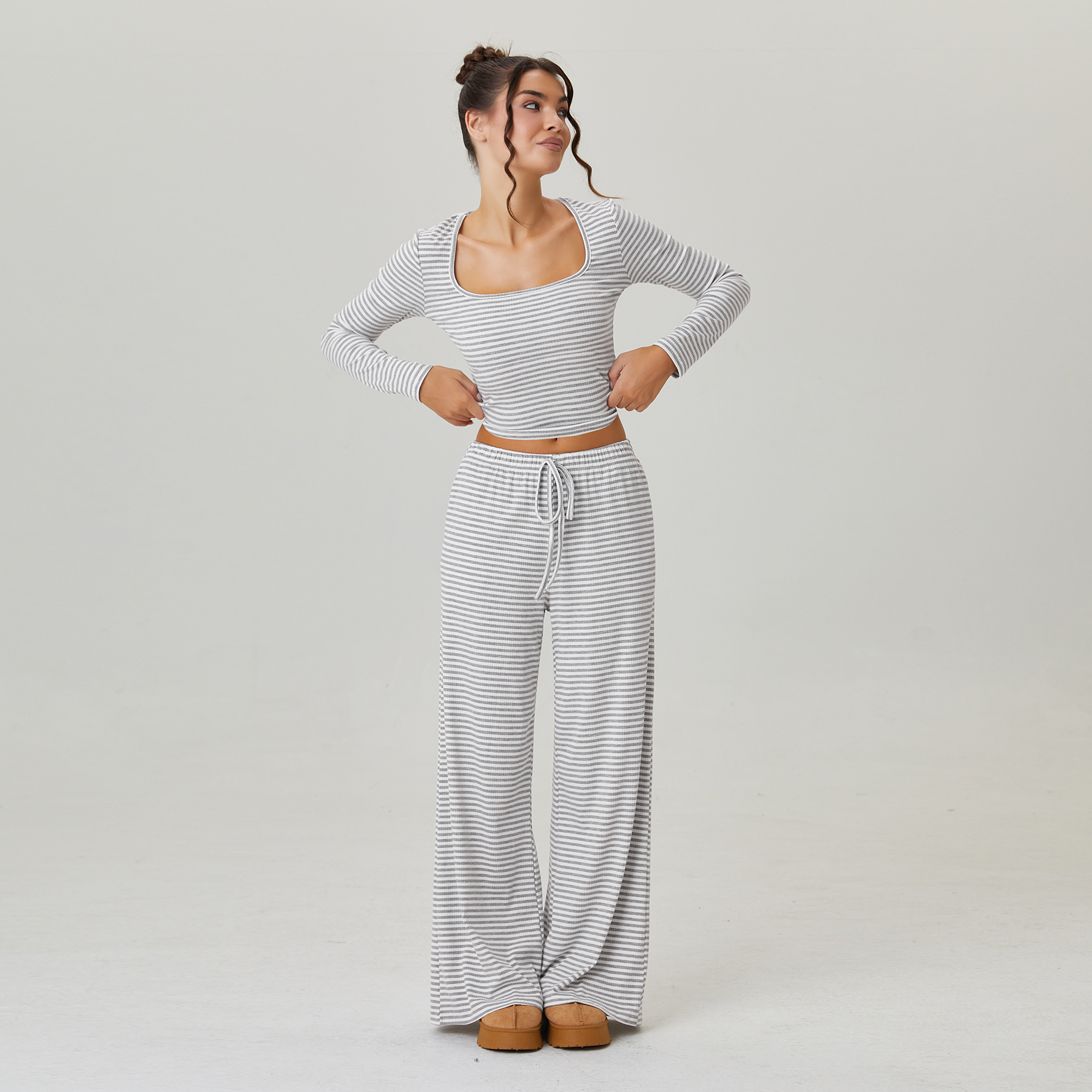 KatchMe Slouchy Stripe Long Sleeve Crop Top & Low-Rise Trousers Co-ord