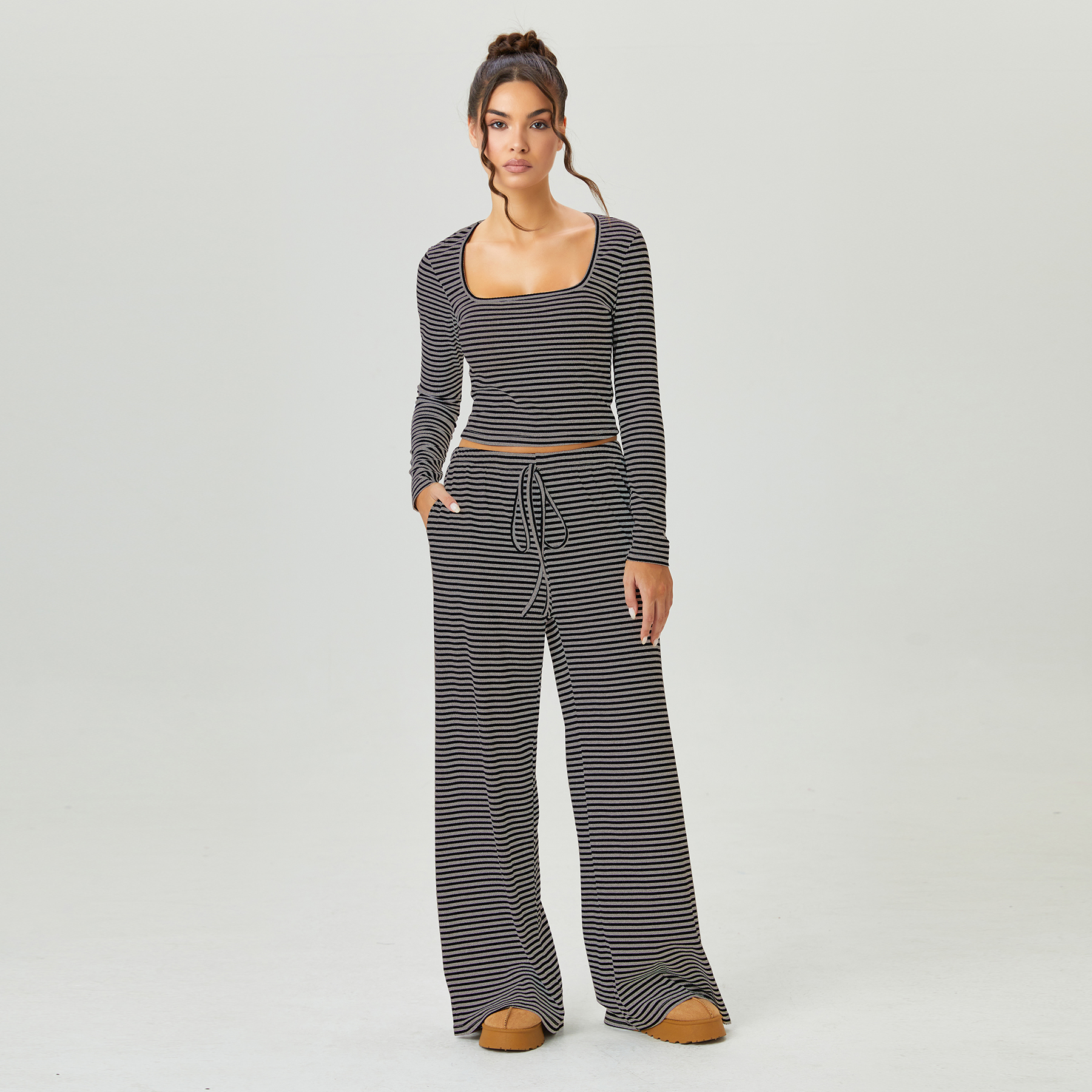 KatchMe Slouchy Stripe Long Sleeve Crop Top & Low-Rise Trousers Co-ord
