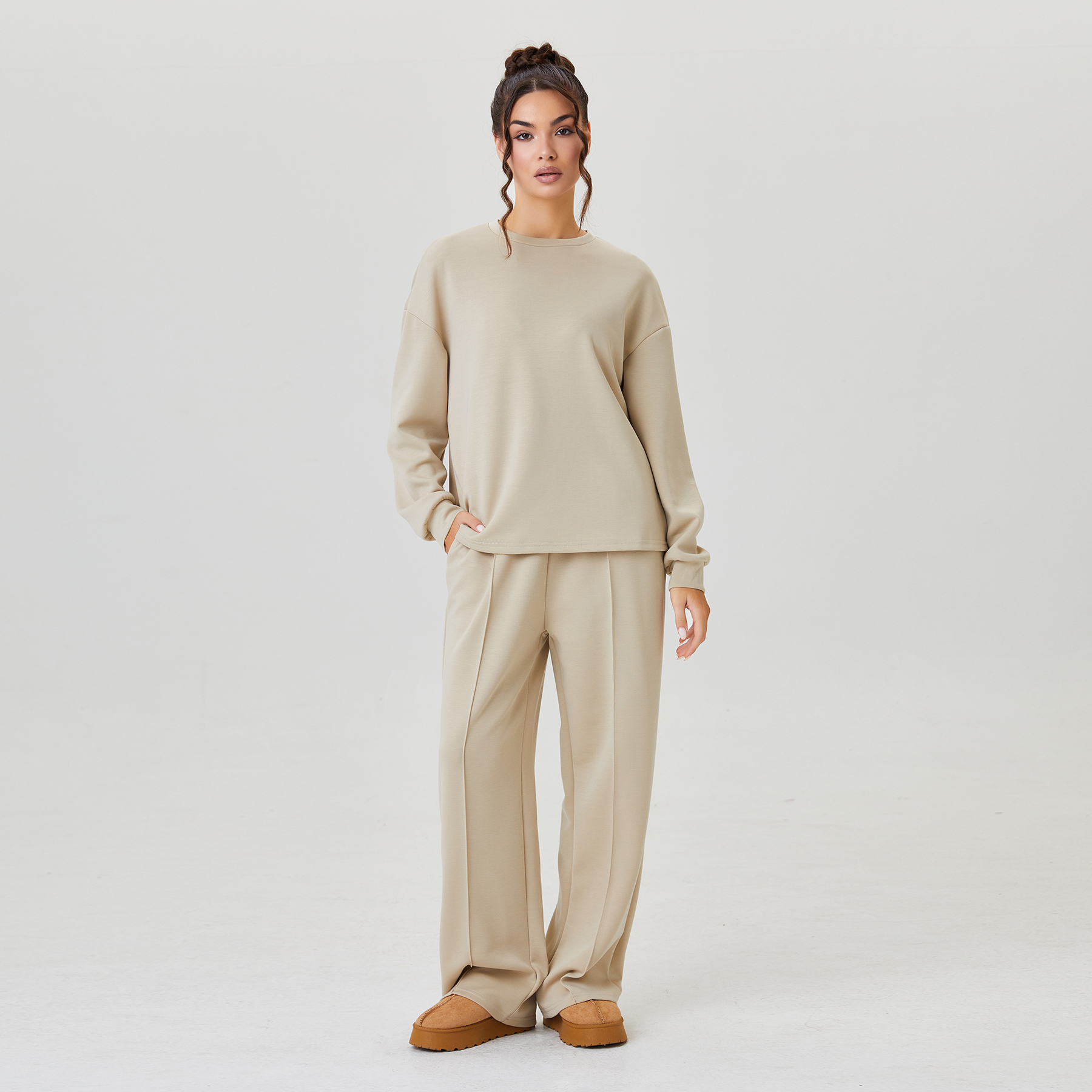 KatchMe Relaxed Solid Round Neck Top & Exposed Stitch Wide Leg Trousers Co-ord