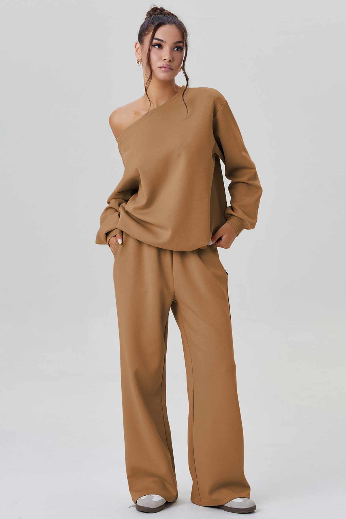 KatchMe Cozy Sloping Shoulder Long Sleeve Top & Wide Leg Trousers Co-ord
