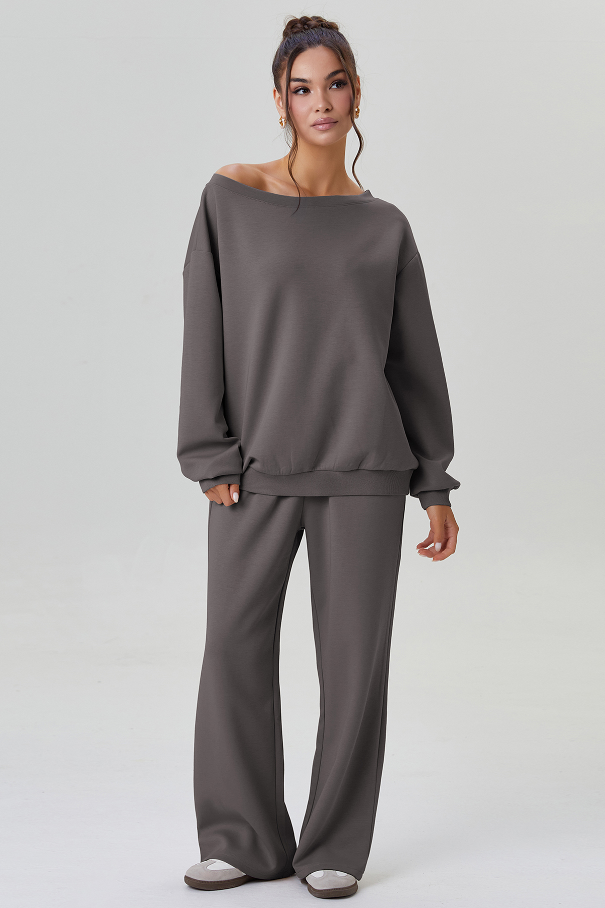 KatchMe Cozy Sloping Shoulder Long Sleeve Top & Wide Leg Trousers Co-ord