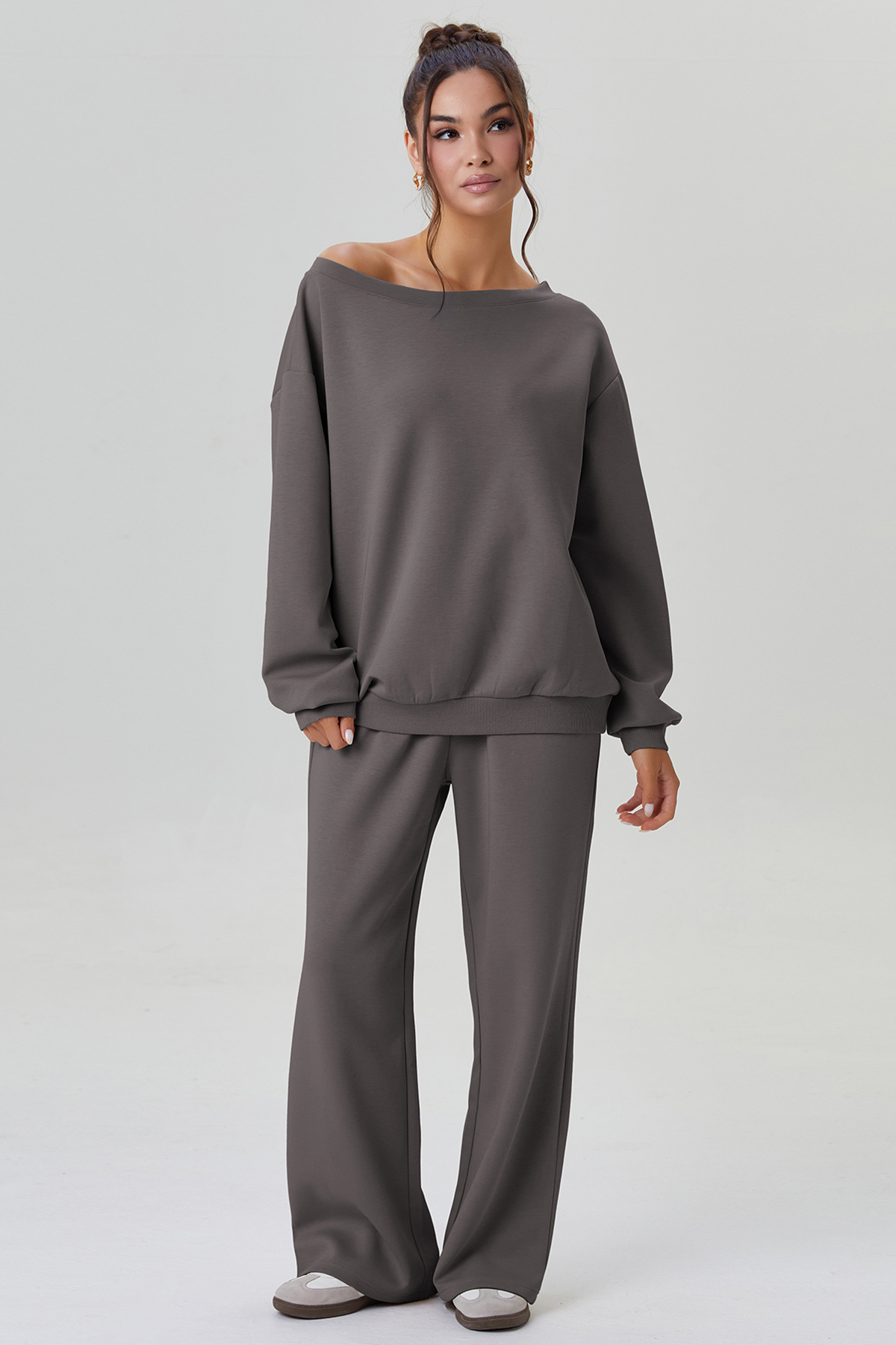 KatchMe Cozy Sloping Shoulder Long Sleeve Top & Wide Leg Trousers Co-ord