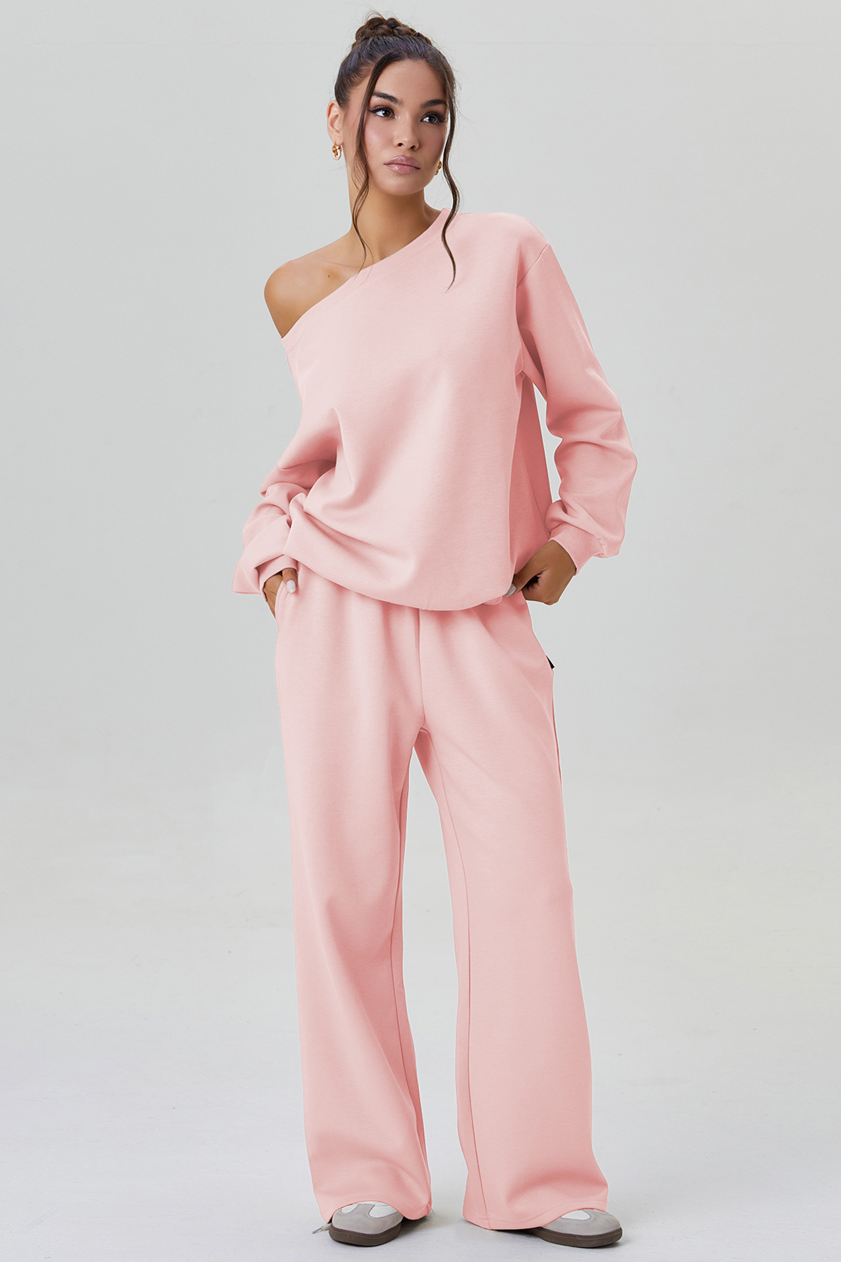 KatchMe Cozy Sloping Shoulder Long Sleeve Top & Wide Leg Trousers Co-ord