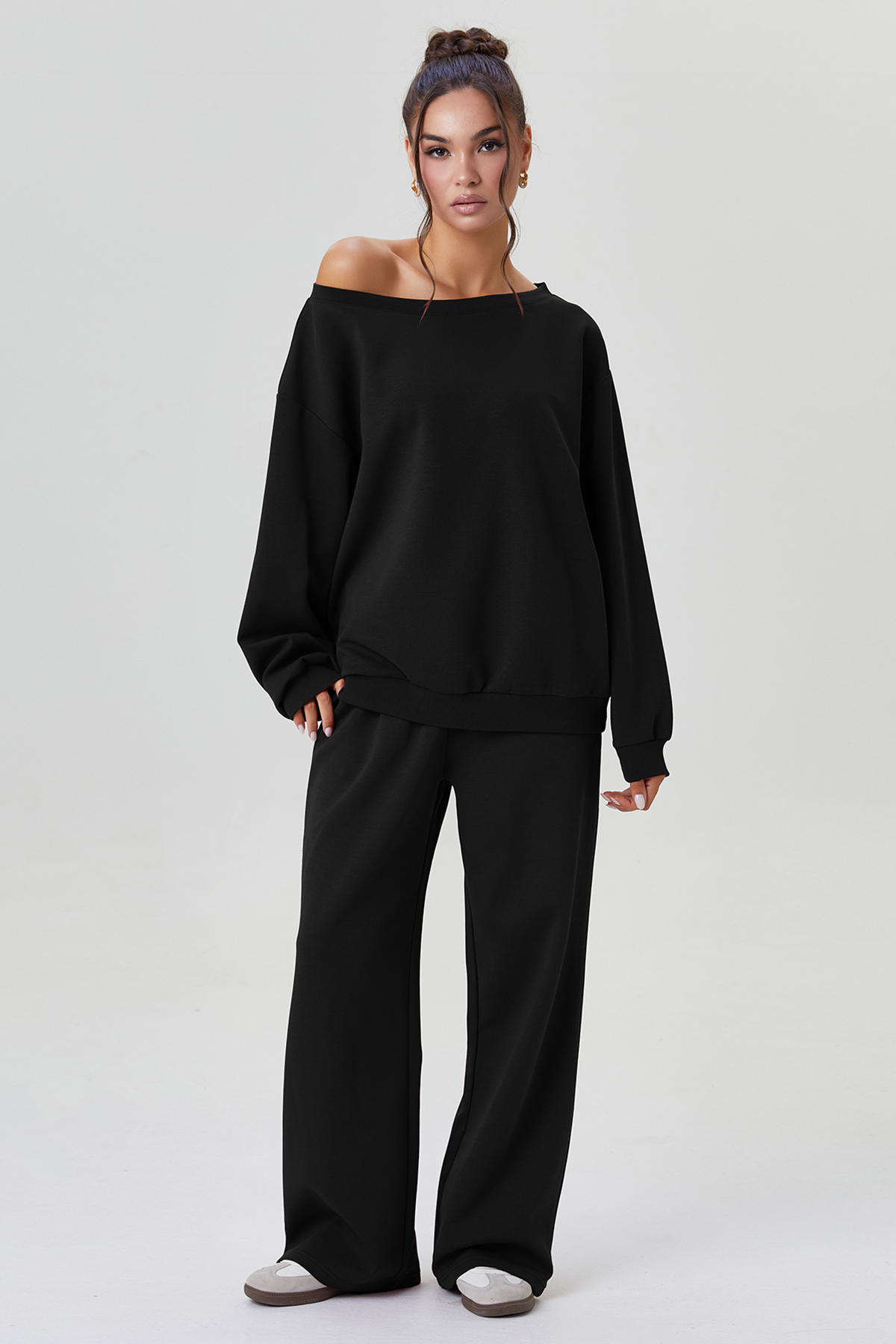 KatchMe Cozy Sloping Shoulder Long Sleeve Top & Wide Leg Trousers Co-ord