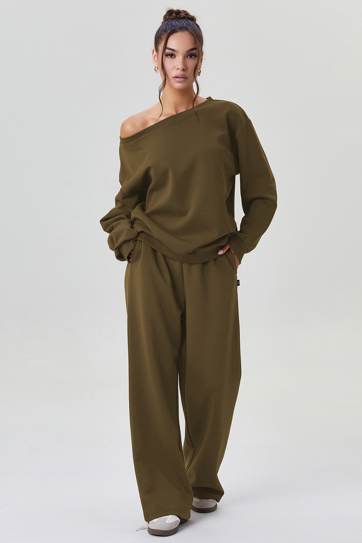 KatchMe Cozy Sloping Shoulder Long Sleeve Top & Wide Leg Trousers Co-ord