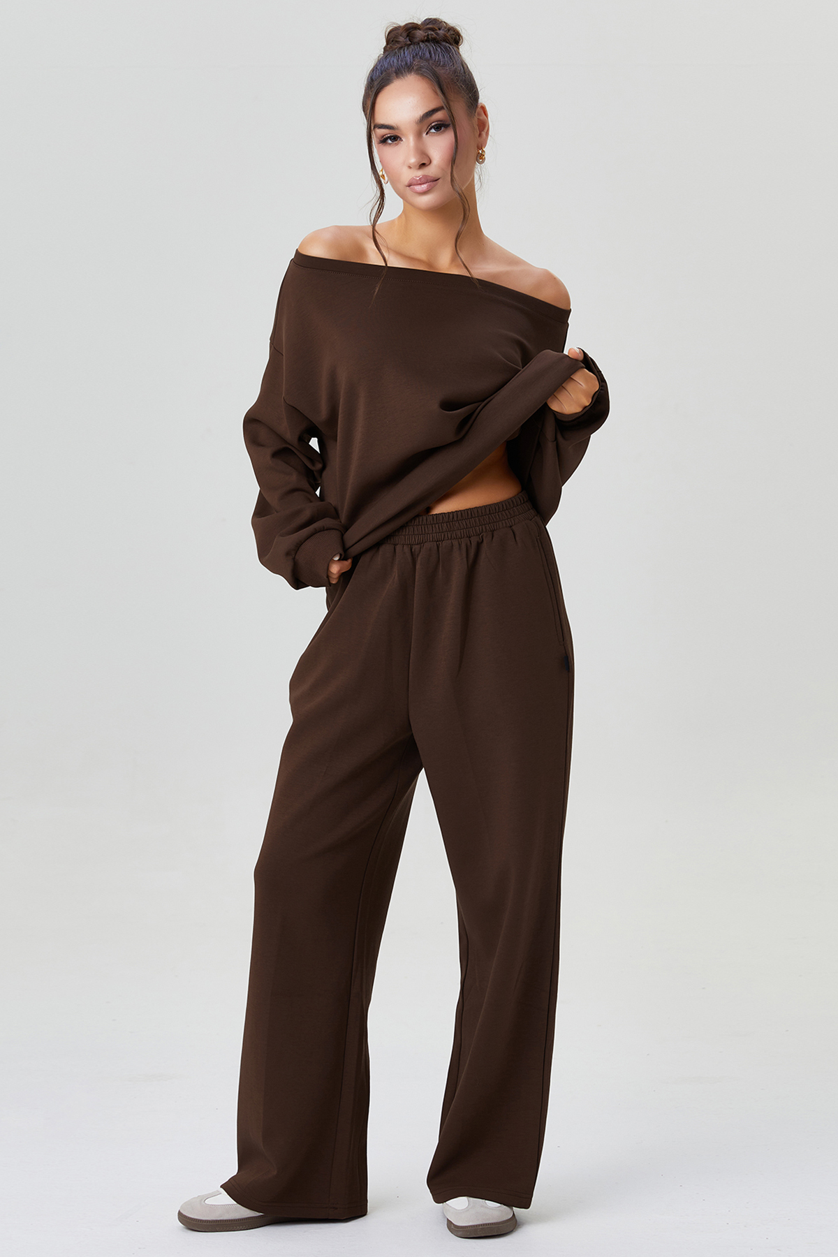 KatchMe Cozy Sloping Shoulder Long Sleeve Top & Wide Leg Trousers Co-ord
