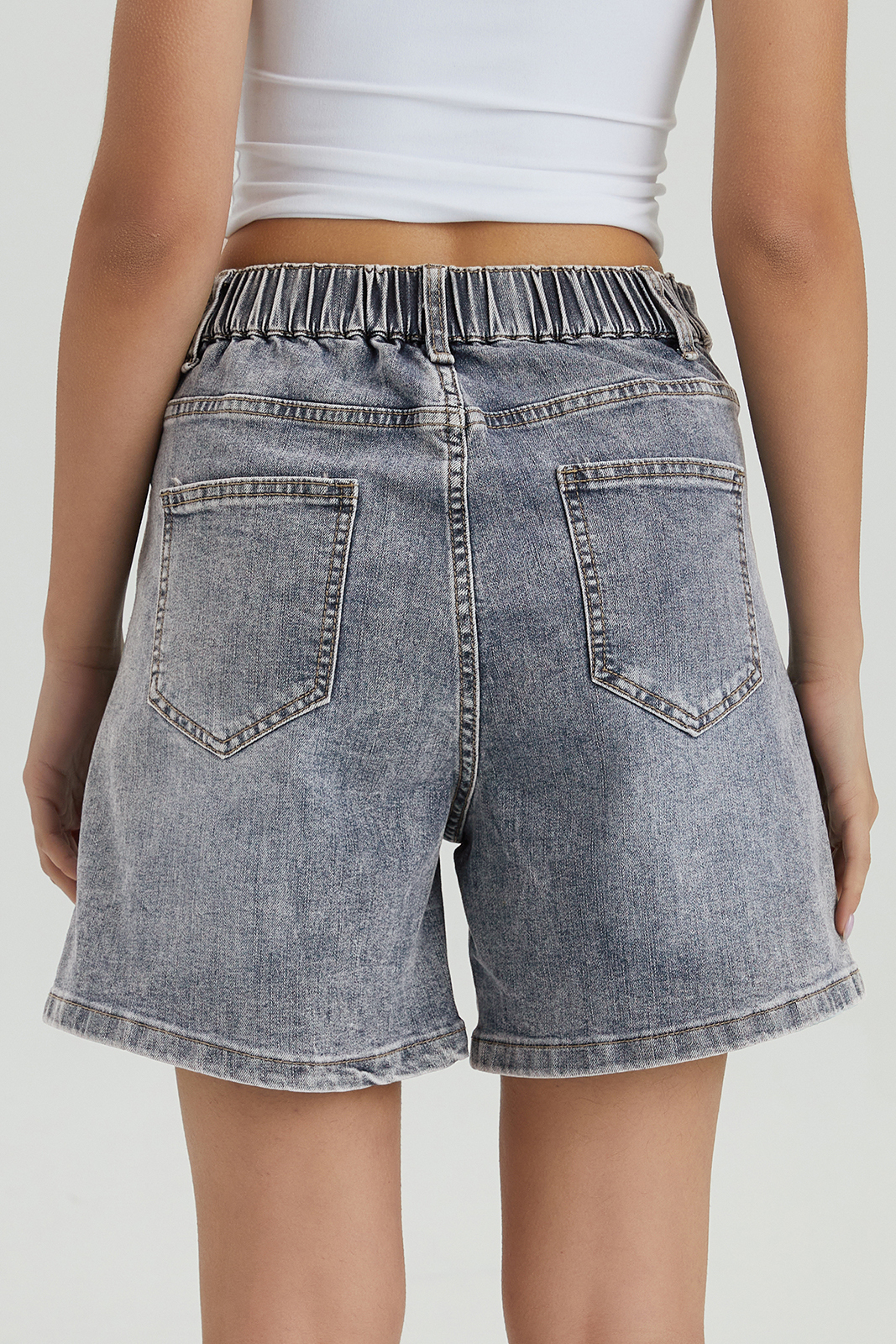 KatchMe Women's Chic High Waist Adjustable Button Multi-Pocket Denim Shorts, Versatile Women's Stretch Bottom, Street Womenswear, Chic Bermuda Shorts