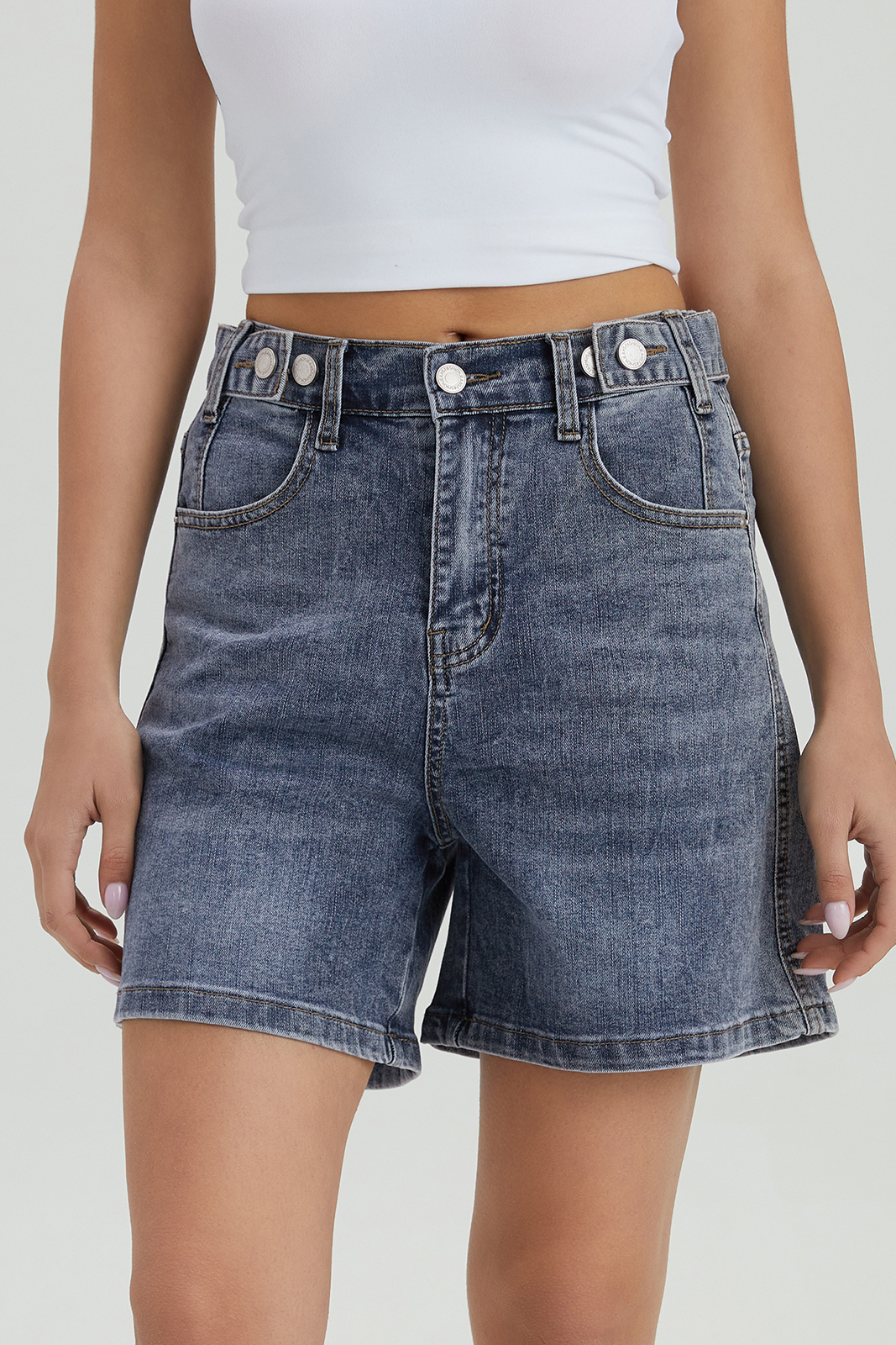 KatchMe Women's Chic High Waist Adjustable Button Multi-Pocket Denim Shorts, Versatile Women's Stretch Bottom, Street Womenswear, Chic Bermuda Shorts