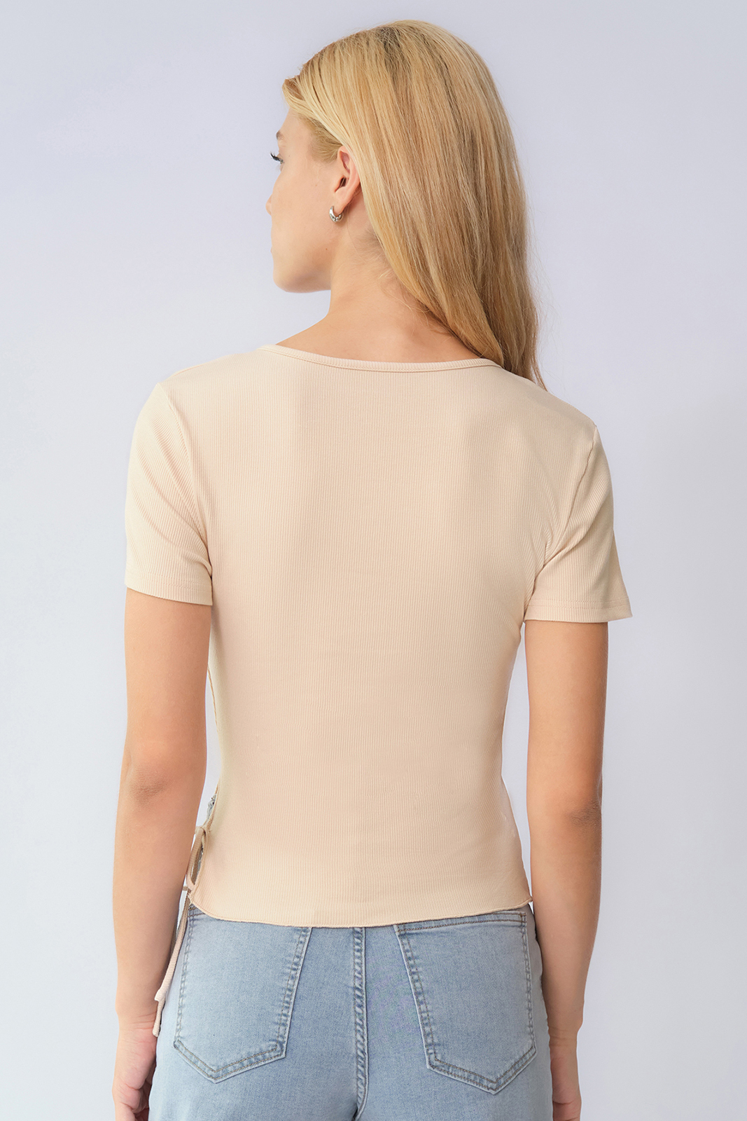 KatchMe Women's Elegant Solid Color V Neck Short Sleeve Side Drawstring Slim Top, Lady Slim-fitting Top for Daily Holiday Wear, Spring & Summer Tops