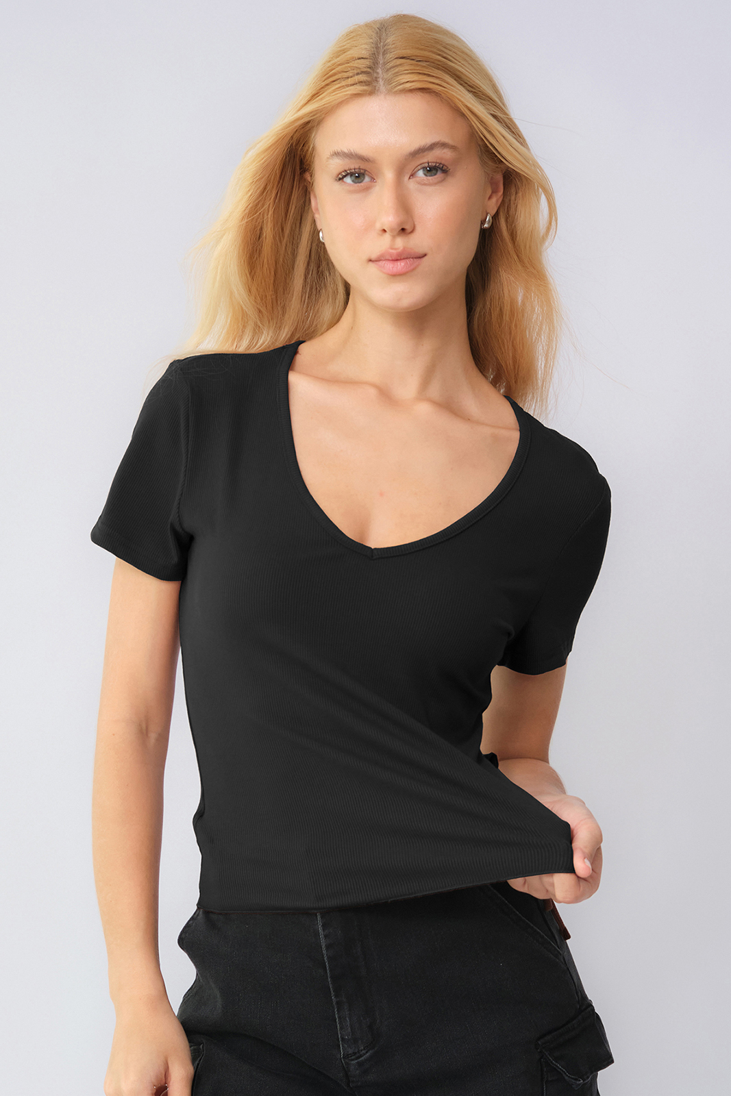 KatchMe Women's Elegant Solid Color V Neck Short Sleeve Side Drawstring Slim Top, Lady Slim-fitting Top for Daily Holiday Wear, Spring & Summer Tops