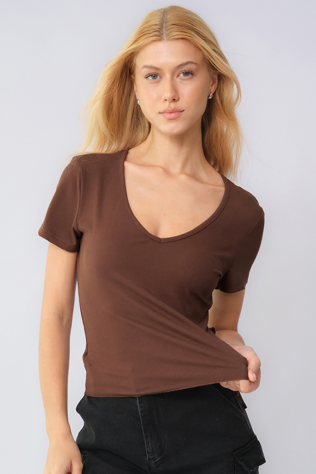 KatchMe Women's Elegant Solid Color V Neck Short Sleeve Side Drawstring Slim Top, Lady Slim-fitting Top for Daily Holiday Wear, Spring & Summer Tops