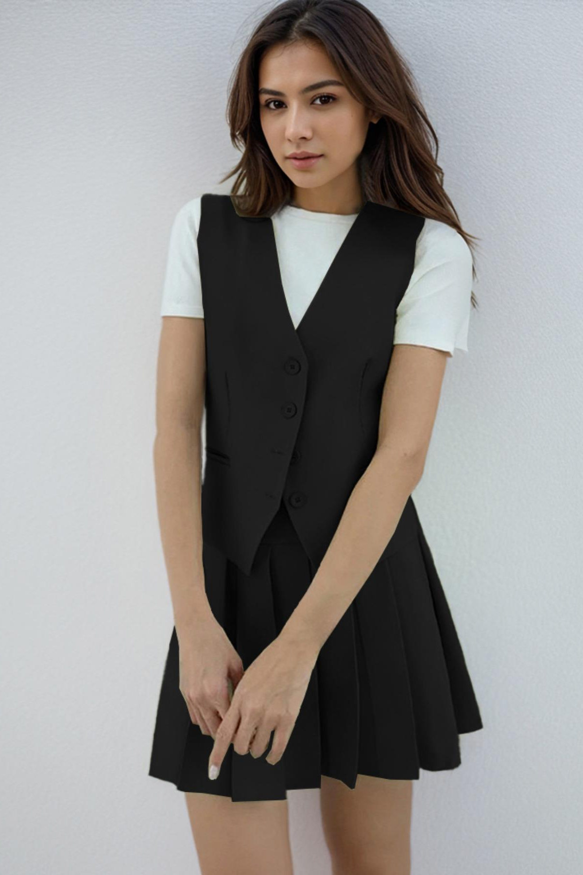 Summer Elegant V Neck Sleeveless Button Tank & Pleated Mini Skirt Co-ord
