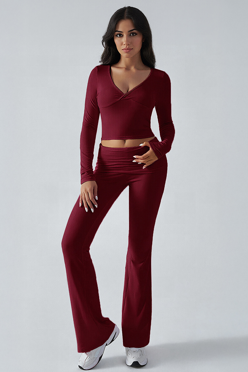 Elegant V Neck Long Sleeve Crop Top & Shirred Waist Wide Leg Trousers Co-ord