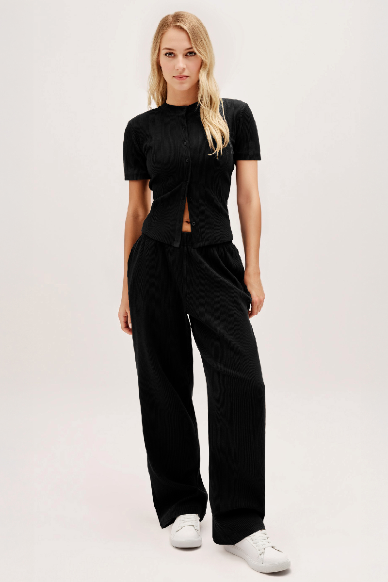 Casual Short Sleeve Button Slim Top & Wide Leg Trousers Co-ord-KATCH ME