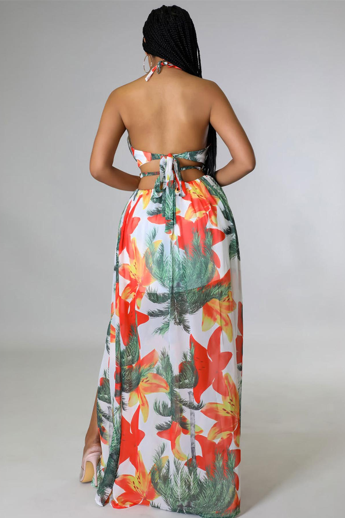 Vibrant Deep V Adjustable Halter Floral Print High Split Maxi Dress