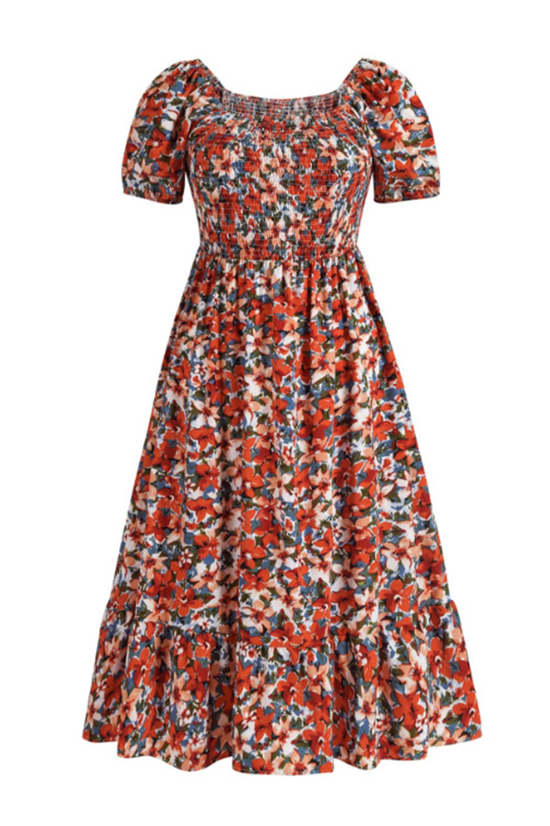 Airy Allover Floral Print Scoop Neck Short Sleeve Pleated Maxi Dress