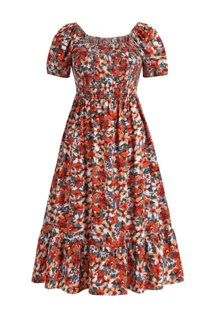Airy Allover Floral Print Scoop Neck Short Sleeve Pleated Maxi Dress