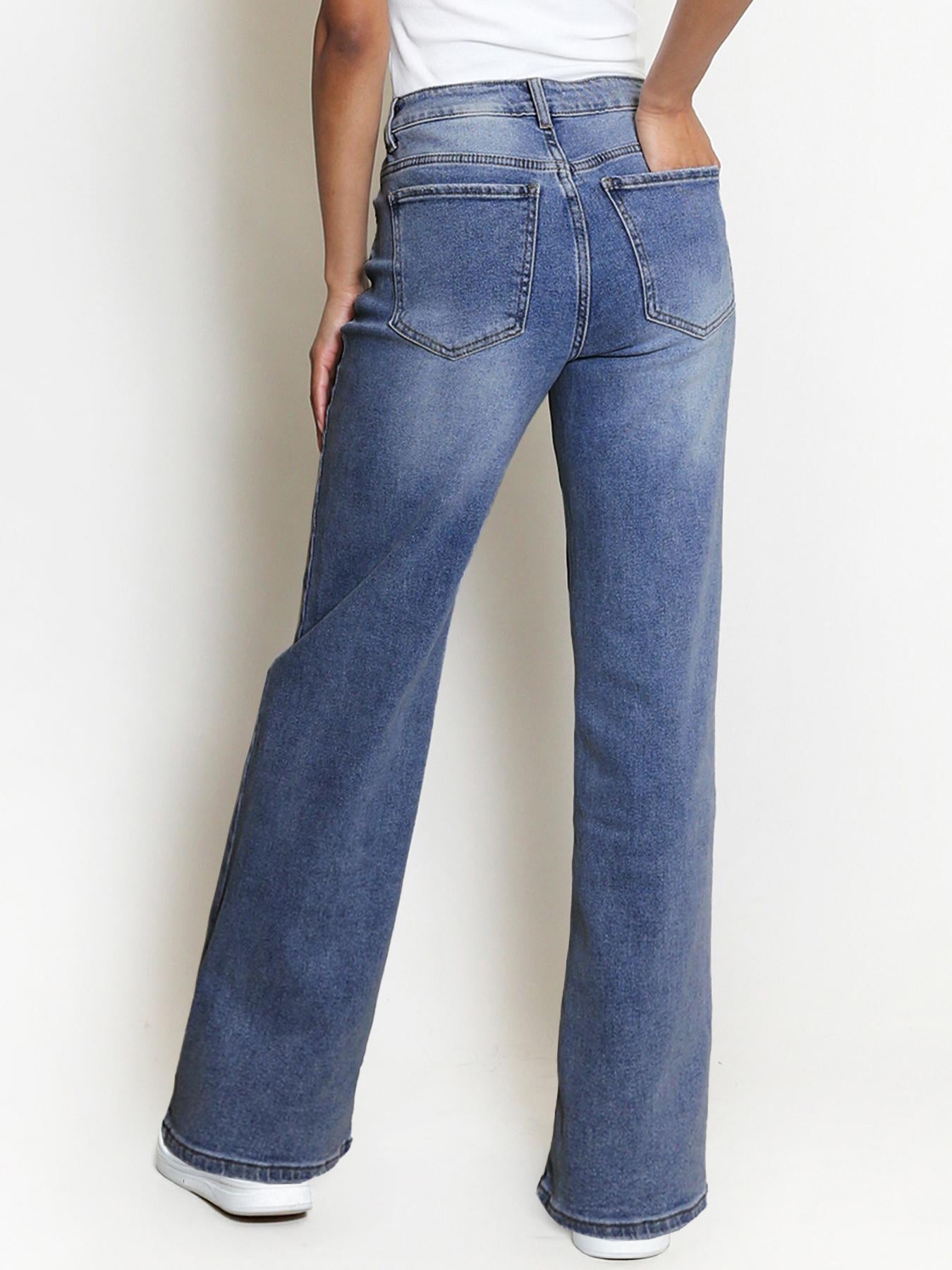 【Tall】Casual Mid-Rise Denim Multi-Pocket Wide Leg Jeans-KATCH ME