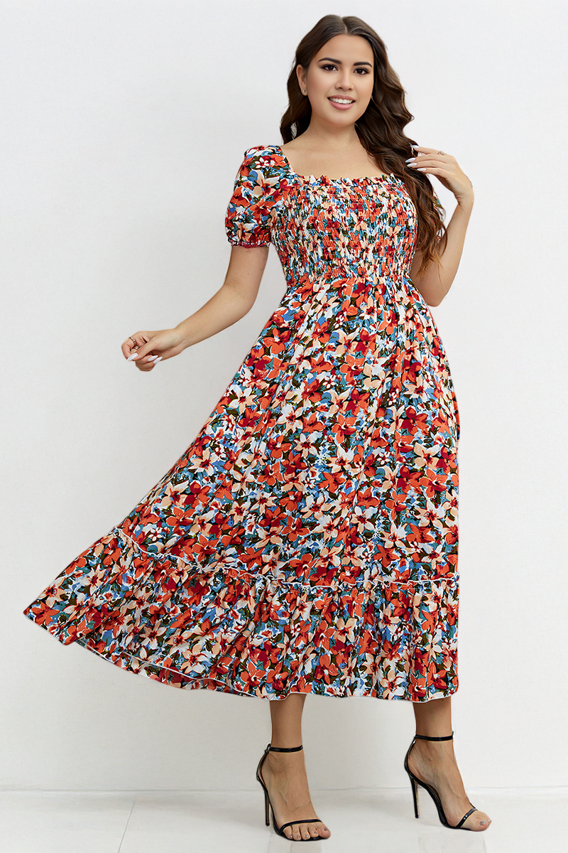 Airy Allover Floral Print Scoop Neck Short Sleeve Pleated Maxi Dress