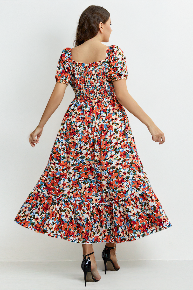 Airy Allover Floral Print Scoop Neck Short Sleeve Pleated Maxi Dress
