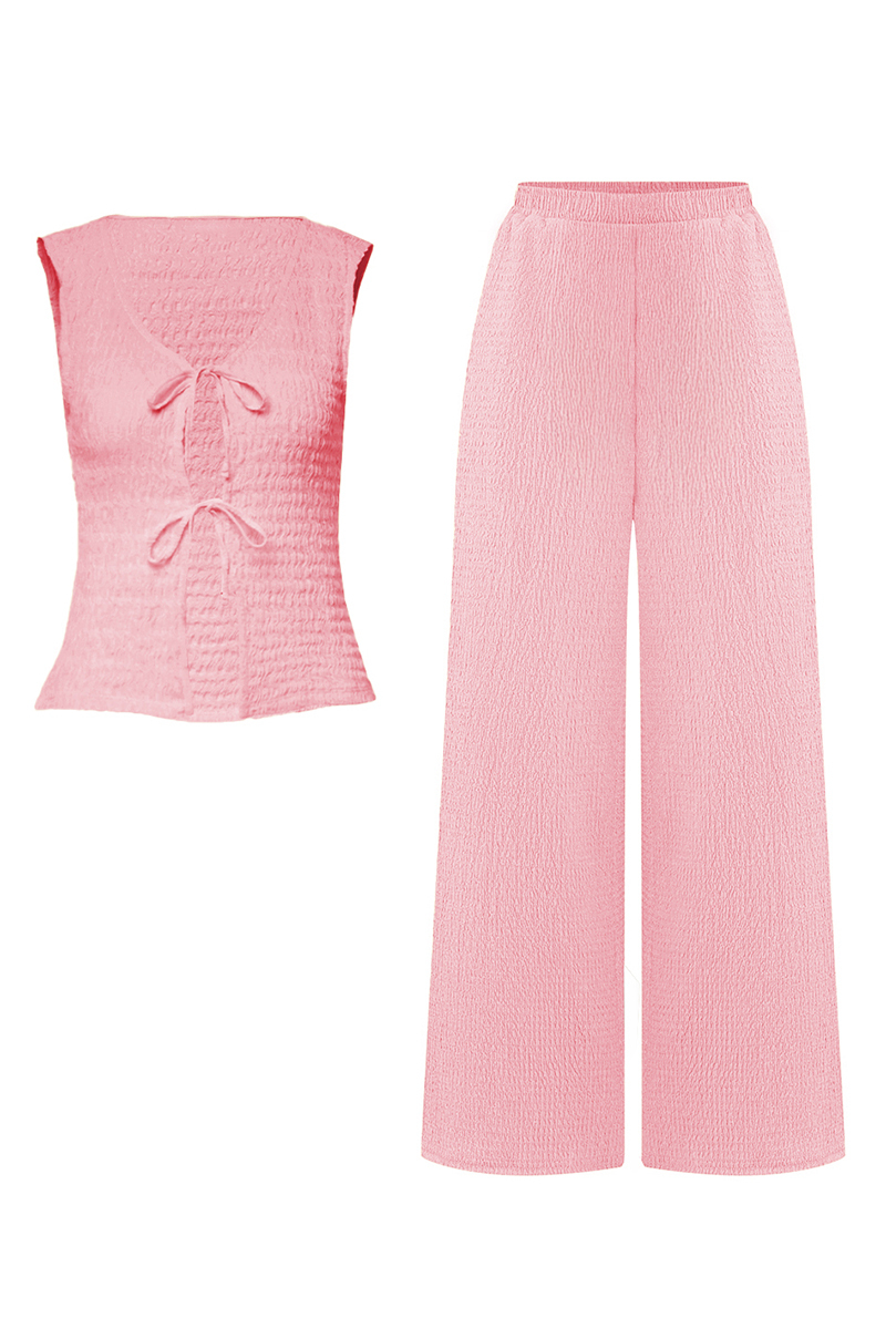 Versatile Solid Color Front Tie Textured Tank Top & Wide Leg Trousers Co-ord
