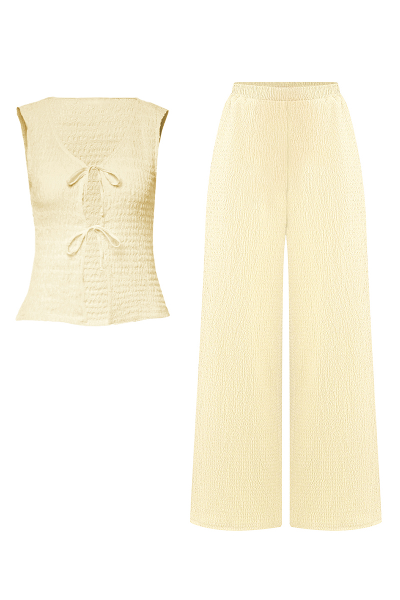 Versatile Solid Color Front Tie Textured Tank Top & Wide Leg Trousers Co-ord