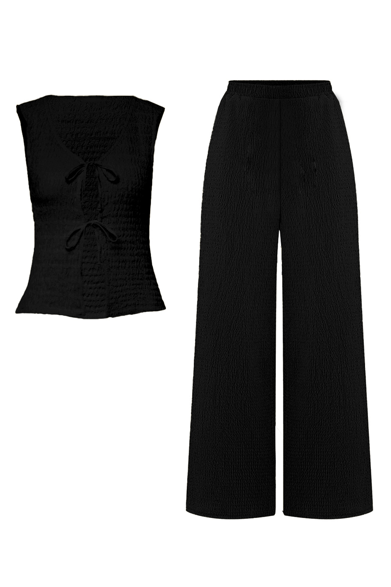 Versatile Solid Color Front Tie Textured Tank Top & Wide Leg Trousers Co-ord