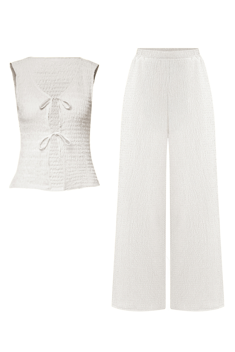 Versatile Solid Color Front Tie Textured Tank Top & Wide Leg Trousers Co-ord
