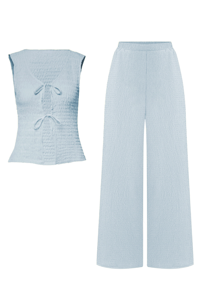 Versatile Solid Color Front Tie Textured Tank Top & Wide Leg Trousers Co-ord