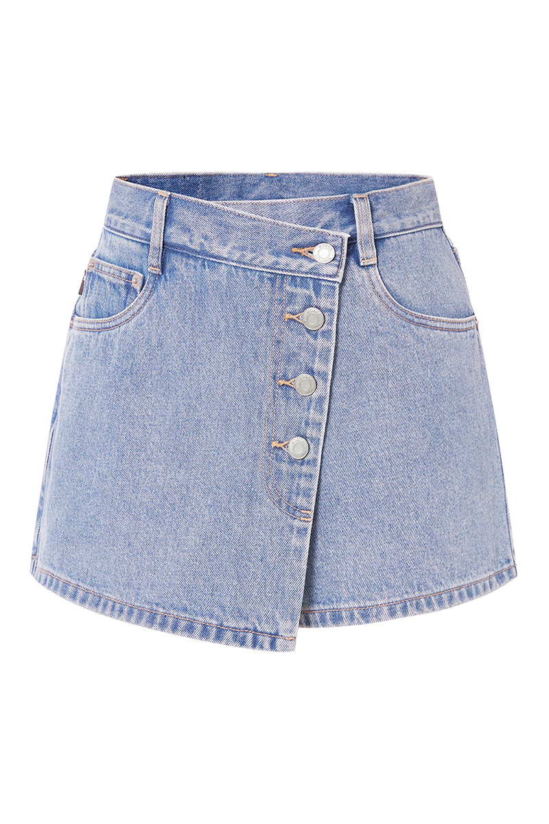 Classy Mid-Rise Asymmetric Button Denim Skorts
