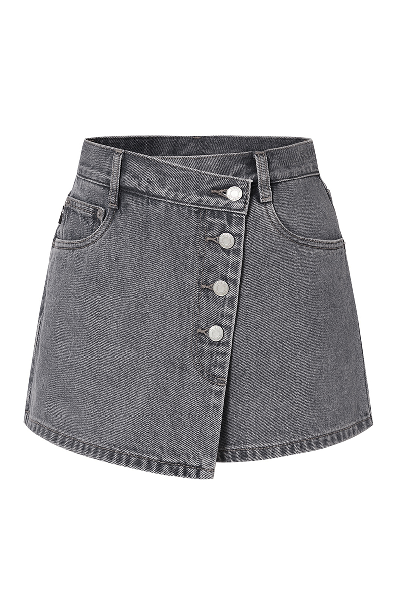 Classy Mid-Rise Asymmetric Button Denim Skorts