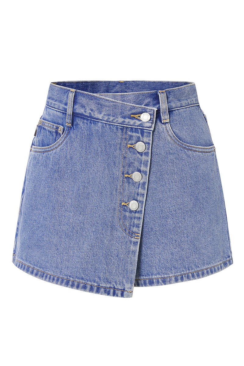 Classy Mid-Rise Asymmetric Button Denim Skorts