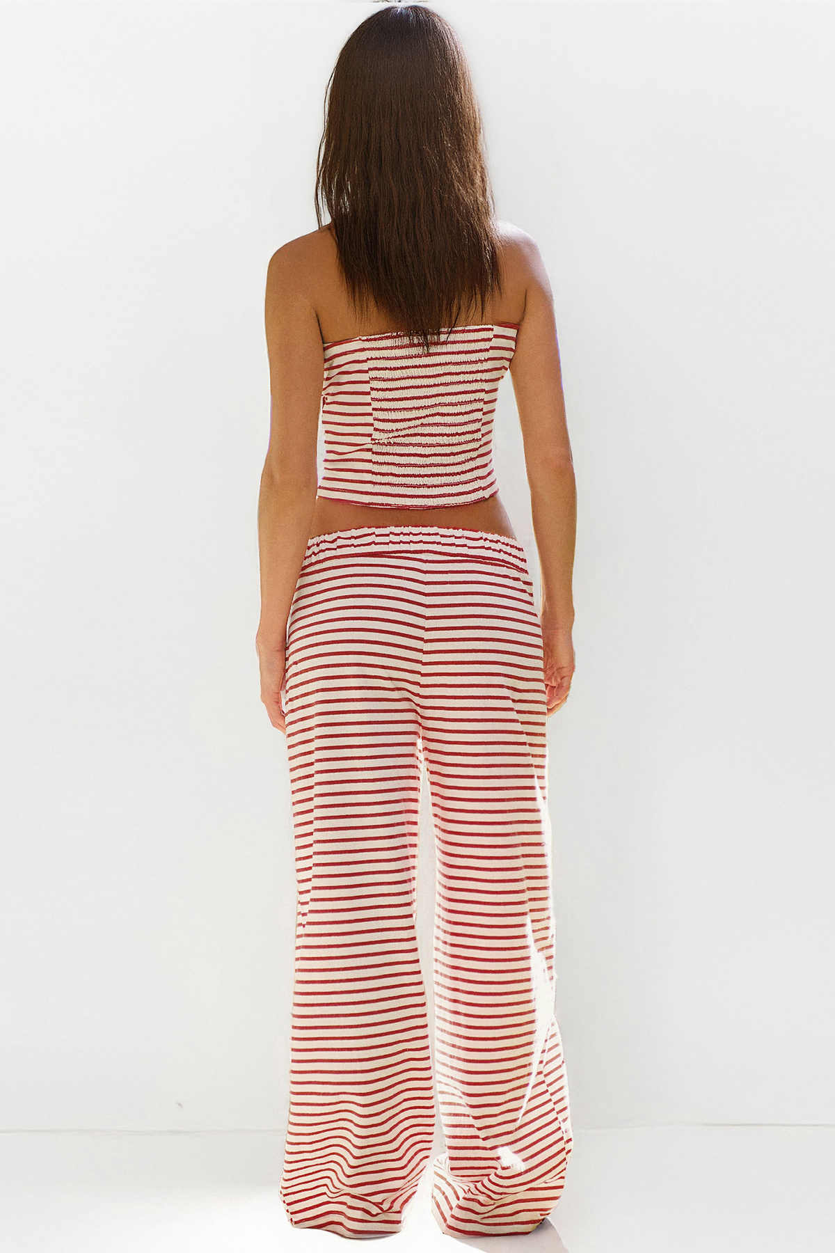 Chic Color Matching Stripe Slim Tube Top & Low-Rise Wide Leg Trousers Co-ord