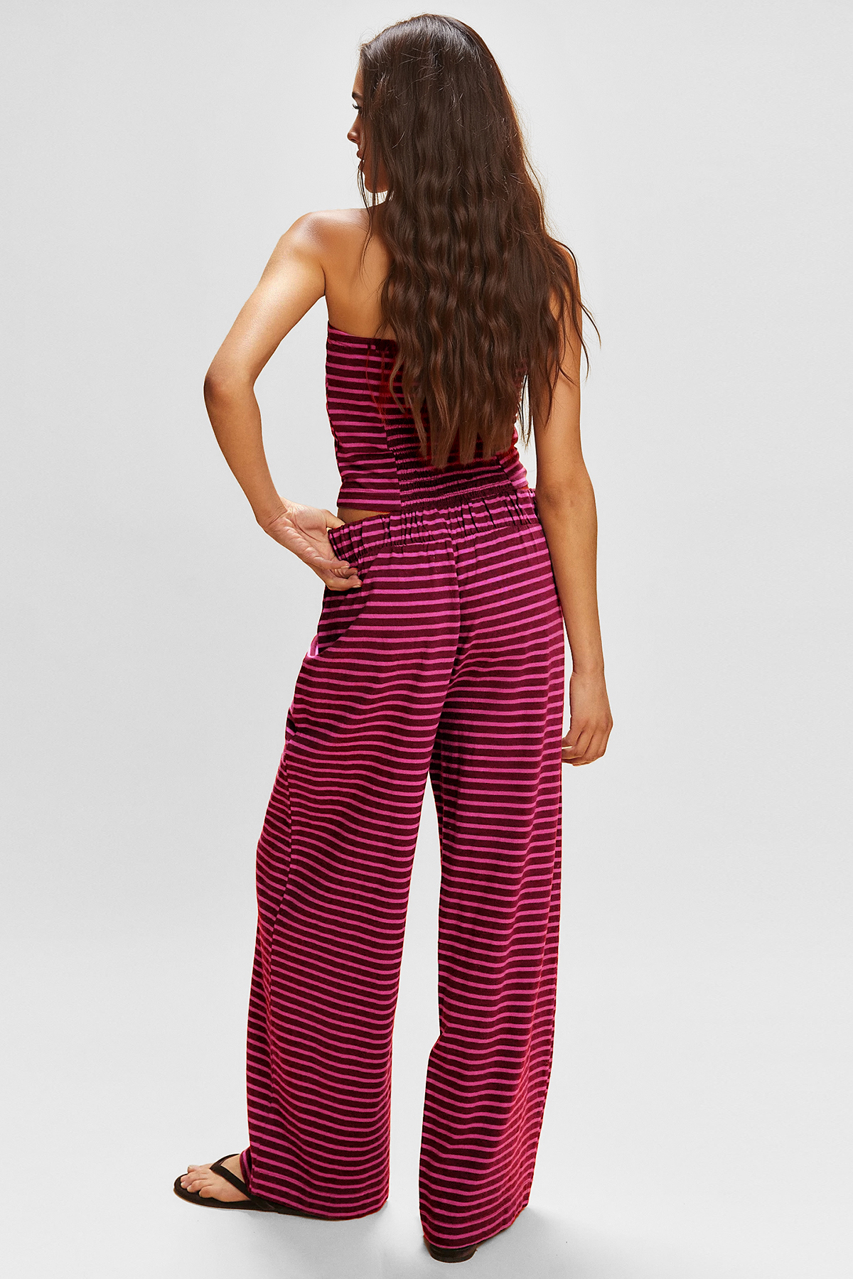Chic Color Matching Stripe Slim Tube Top & Low-Rise Wide Leg Trousers Co-ord