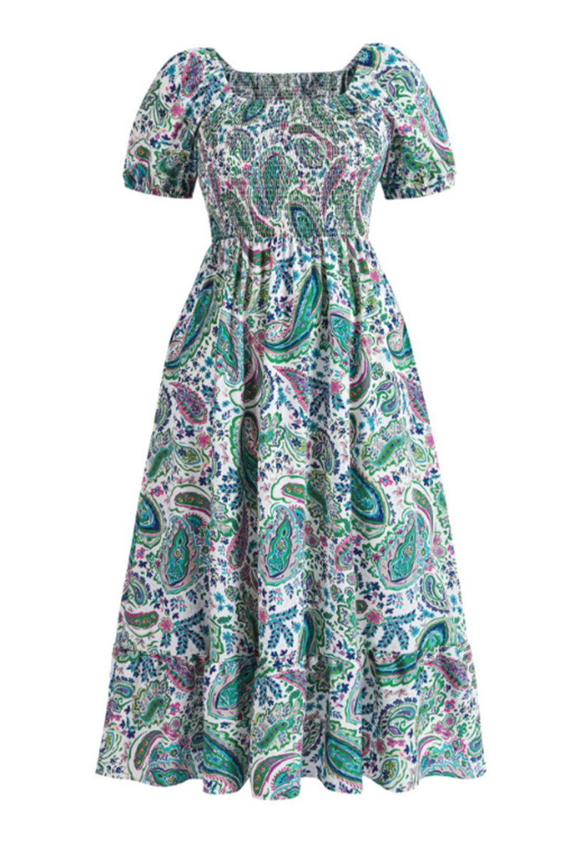 Airy Allover Floral Print Scoop Neck Short Sleeve Pleated Maxi Dress
