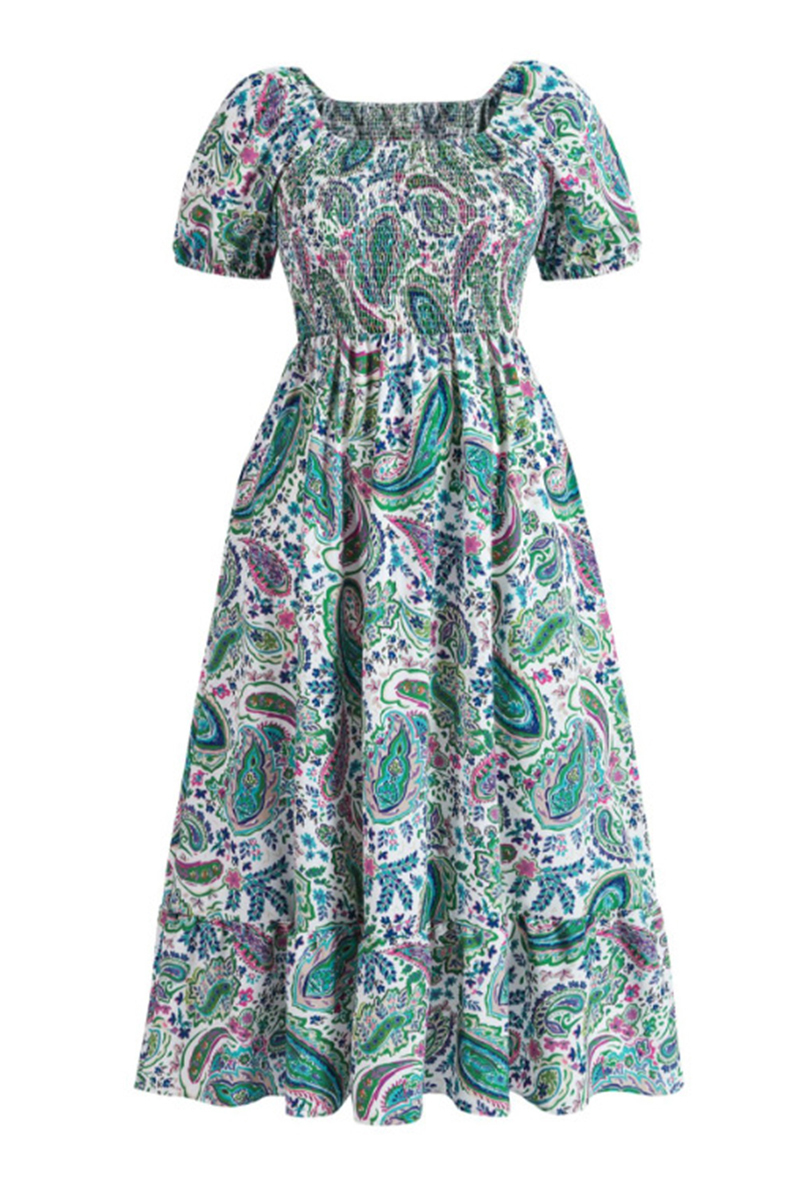 Airy Allover Floral Print Scoop Neck Short Sleeve Pleated Maxi Dress