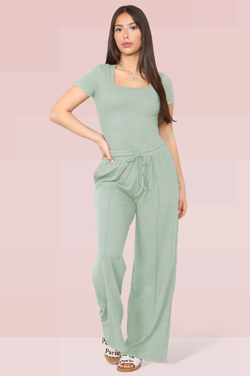 Trendy Square Neck Shaping Bodysuit & Wide Leg Trousers Co-ord-KATCH ME