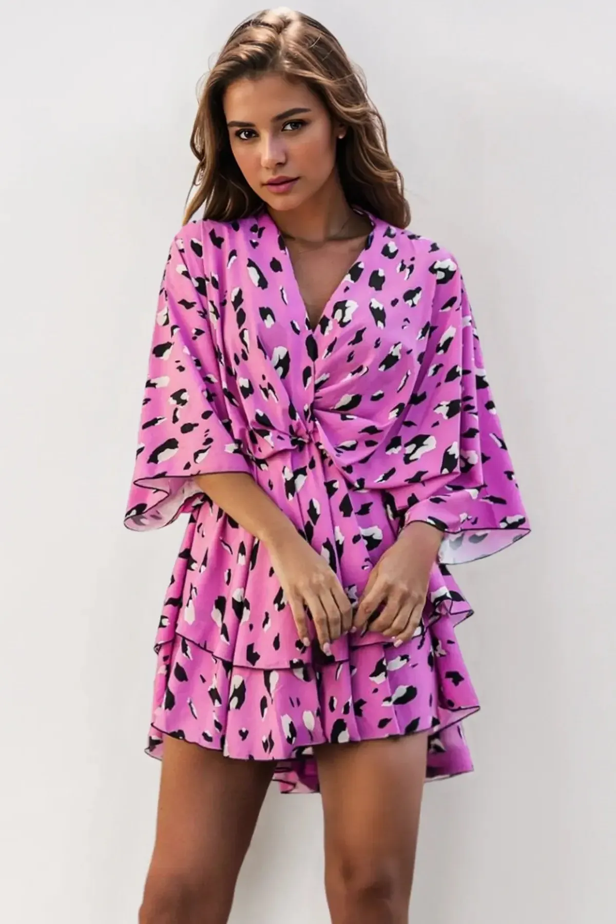 Lovely Allover Print V-Neck Twist Front Batwing Sleeve Tiered Mini Dress