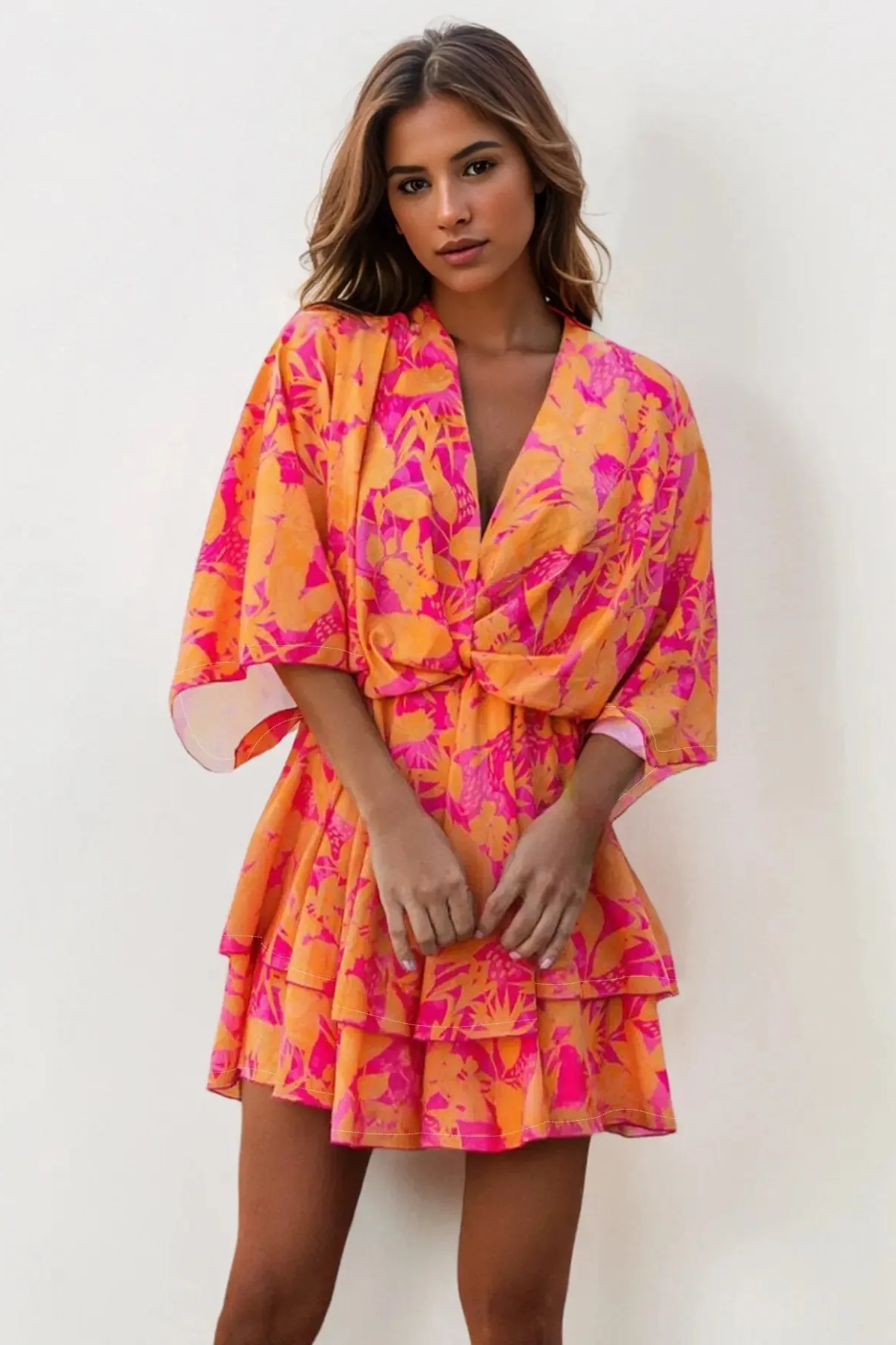 Lovely Allover Print V-Neck Twist Front Batwing Sleeve Tiered Mini Dress