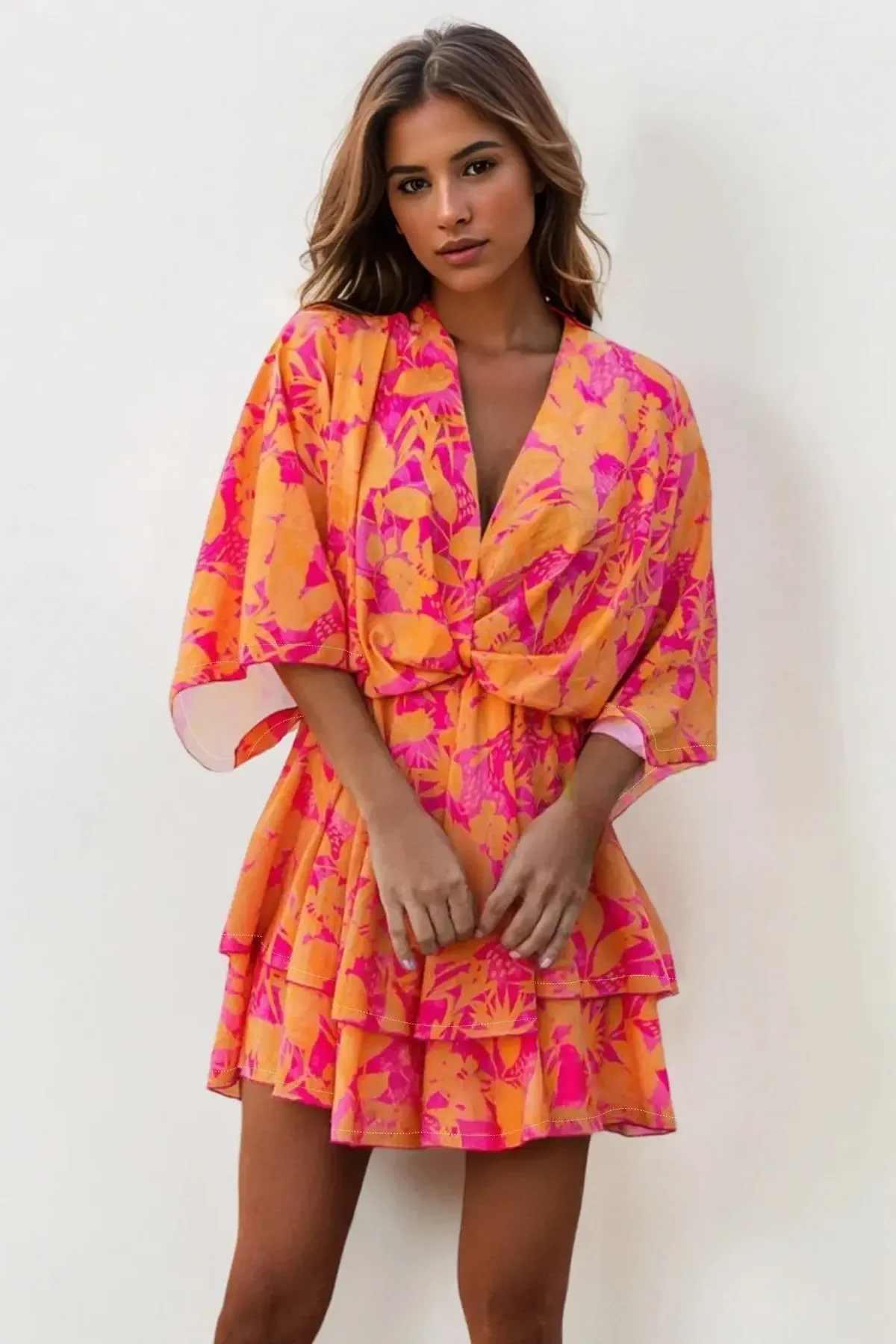 Lovely Allover Print V-Neck Twist Front Batwing Sleeve Tiered Mini Dress