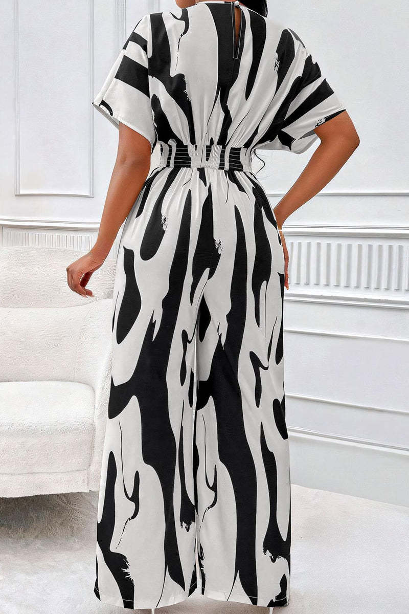 Trendy V-Neck Allover Print Thin Waist Wide Leg Jumpsuit-KATCH ME