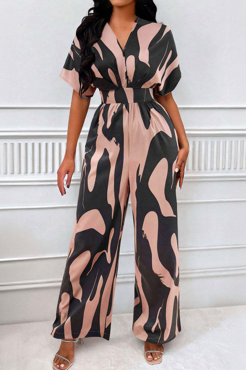 Trendy V-Neck Allover Print Thin Waist Wide Leg Jumpsuit-KATCH ME