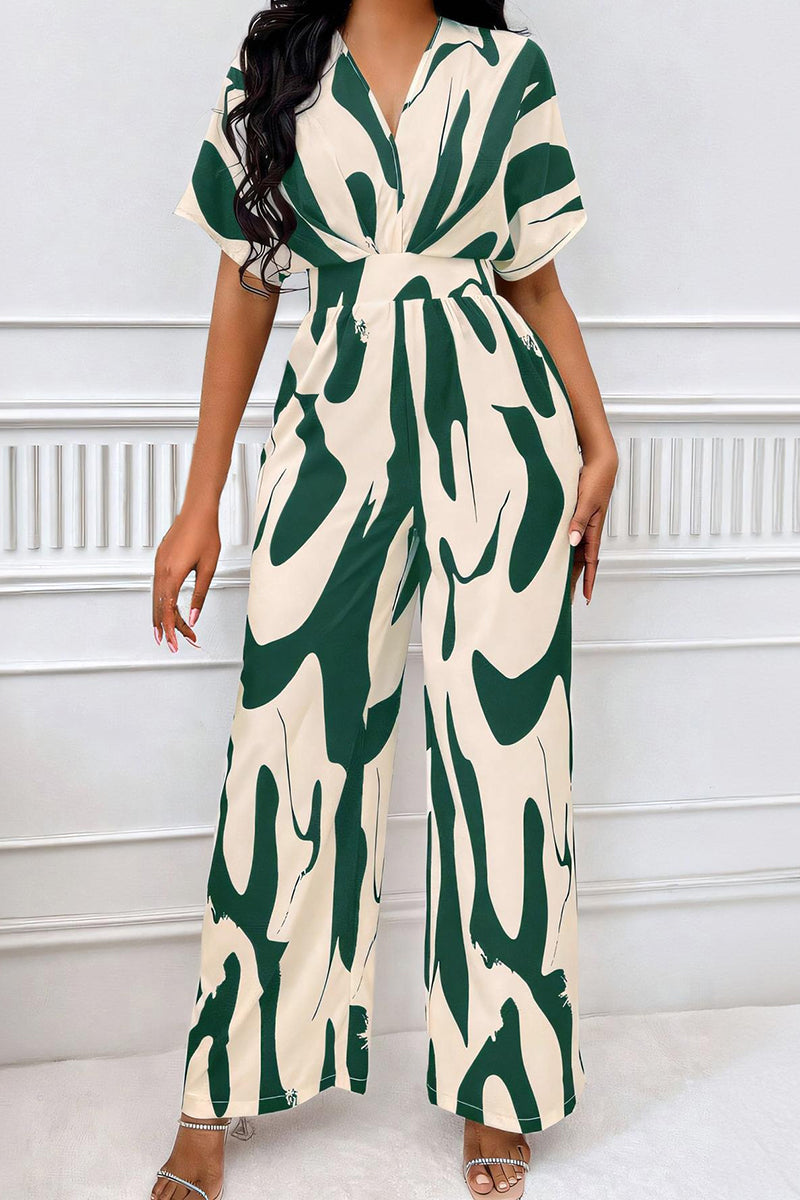 Trendy V-Neck Allover Print Thin Waist Wide Leg Jumpsuit-KATCH ME