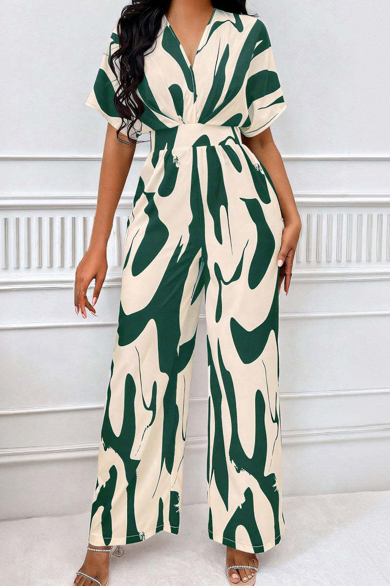 Trendy V-Neck Allover Print Thin Waist Wide Leg Jumpsuit-KATCH ME