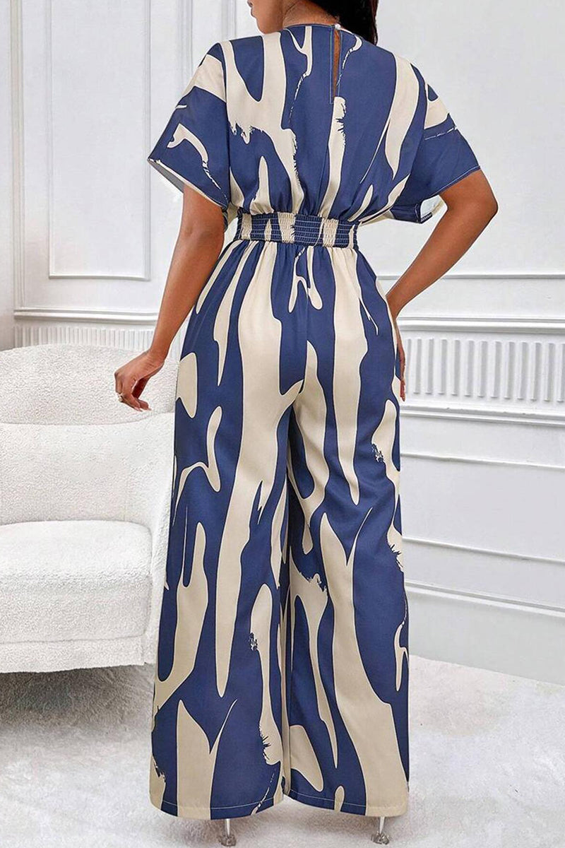 Trendy V-Neck Allover Print Thin Waist Wide Leg Jumpsuit-KATCH ME