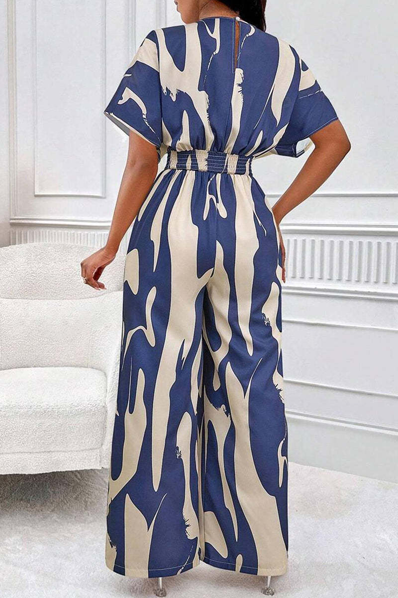 Trendy V-Neck Allover Print Thin Waist Wide Leg Jumpsuit-KATCH ME